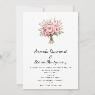 Pretty Pink Peony Flower Bouquet Wedding Invitation