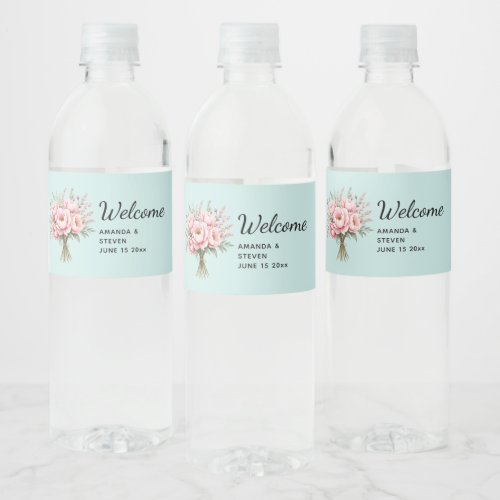 Pretty Pink Peony Flower Bouquet Wedding Welcome Water Bottle Label