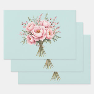 Pretty Pink Peony Flower Bouquet Wrapping Paper Sheets