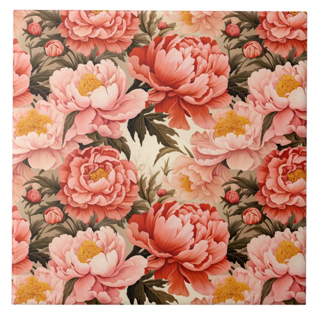Pretty Pink Peony Vintage Floral Pattern Ceramic Tile (Front)