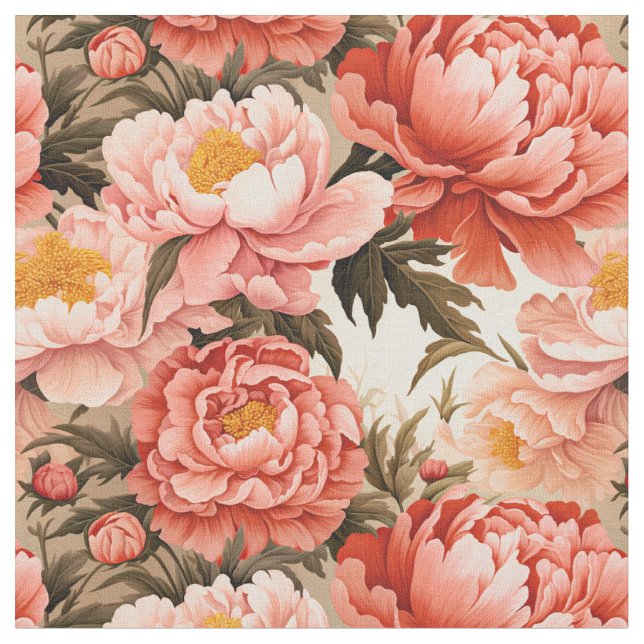 Pretty Pink Peony Vintage Floral Pattern Fabric (Close Up)