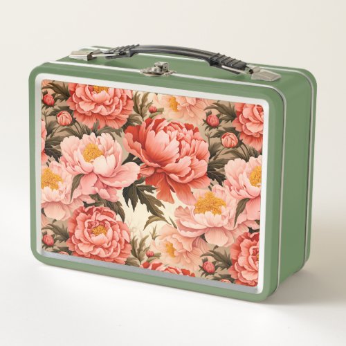 Pretty Pink Peony Vintage Floral Pattern Metal Lunch Box