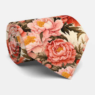 Pretty Pink Peony Vintage Floral Pattern Neck Tie