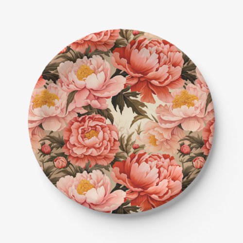 Pretty Pink Peony Vintage Floral Pattern Paper Plates