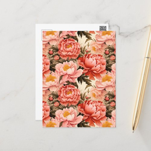 Pretty Pink Peony Vintage Floral Pattern Postcard