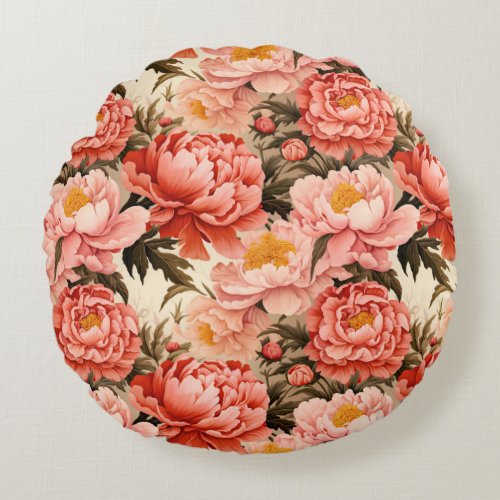Pretty Pink Peony Vintage Floral Pattern Round Pillow