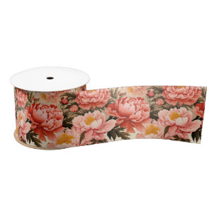 Pretty Pink Peony Vintage Floral Pattern Satin Ribbon