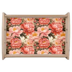 Pretty Pink Peony Vintage Floral Pattern Serving Tray