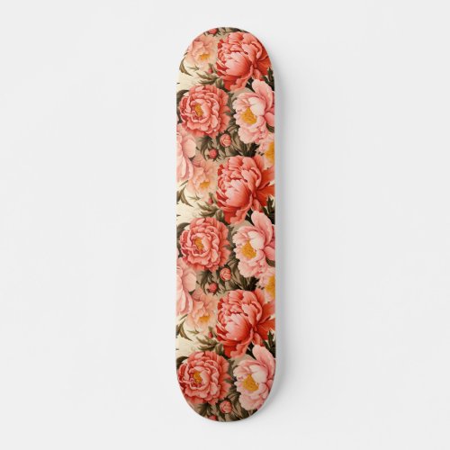 Pretty Pink Peony Vintage Floral Pattern Skateboard