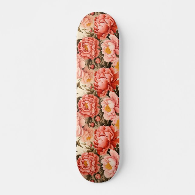 Pretty Pink Peony Vintage Floral Pattern Skateboard (Front)