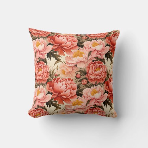 Pretty Pink Peony Vintage Floral Pattern Throw Pillow
