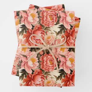 Pretty Pink Peony Vintage Floral Pattern Wrapping Paper Sheets