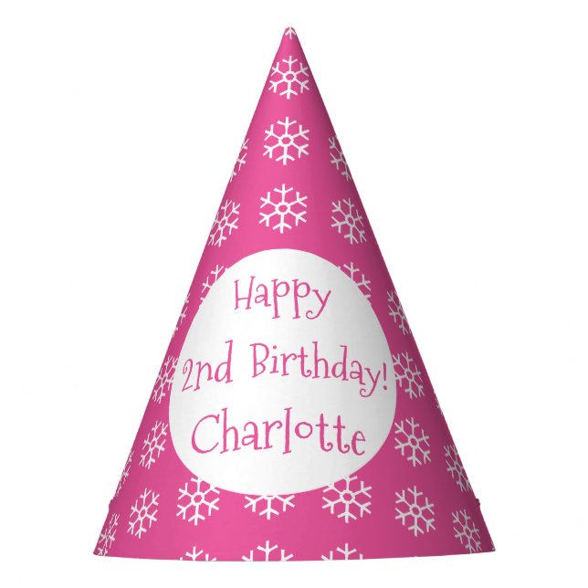 Pretty Pink Personalized Snowflake Winter Birthday Party Hat (Front)