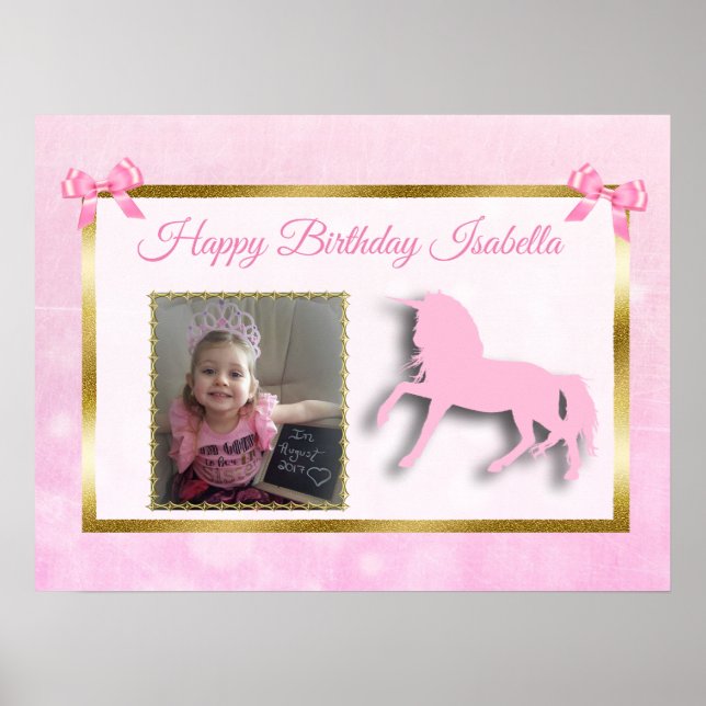 Pretty Pink Personalized Unicorn Rainbow Banner Poster (Front)