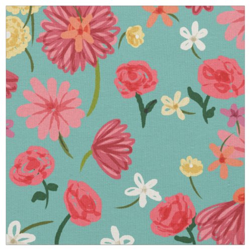 Pretty Pink Petite Flowers on Aqua Color Fabric