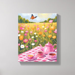Pretty Pink Picnic Flower Field Tea Butterfly Canvas Print