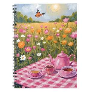 Pretty Pink Picnic Flower Field Tea Butterfly Notebook