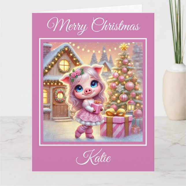 Pretty Pink Pig at a Christmas Cottage Card (Front)