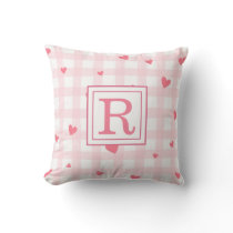 Pretty Pink Plaid & Hearts Monogram Baby Nursery Throw Pillow