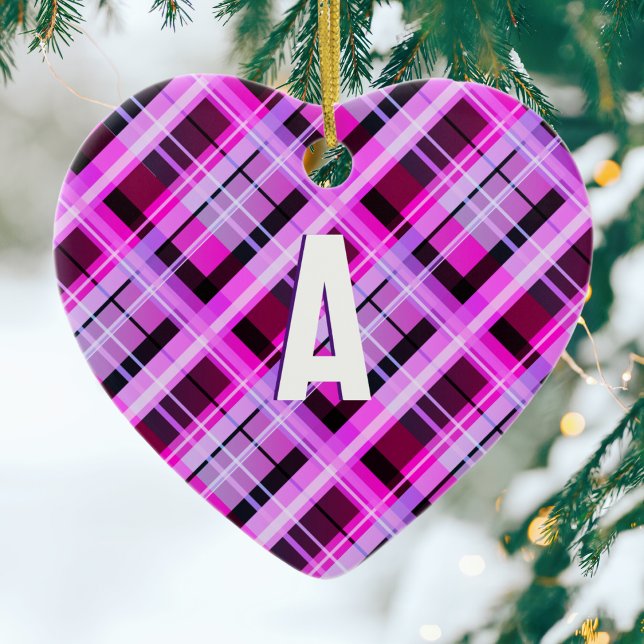 Pretty Pink Plaid Modern Tartan Monogram Christmas Ceramic Ornament (A Christmas tree decoration with a pink plaid design, personalized with an initial as a monogram)