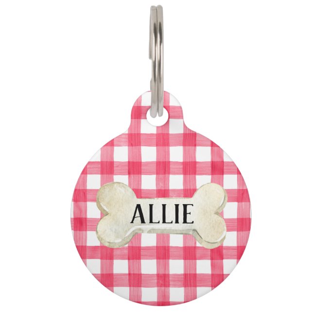 Pretty Pink Plaid Personalized Dog Pet ID Tag (Front)