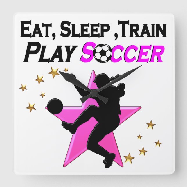 PRETTY PINK PLAYING SOCCER DESIGN SQUARE WALL CLOCK (Front)
