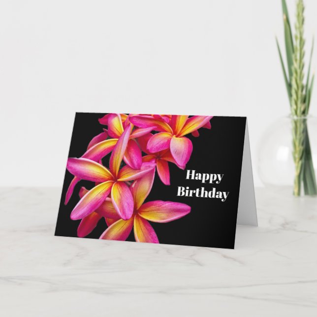 Pretty Pink Plumeria Floral Photo Birthday Card (Front)
