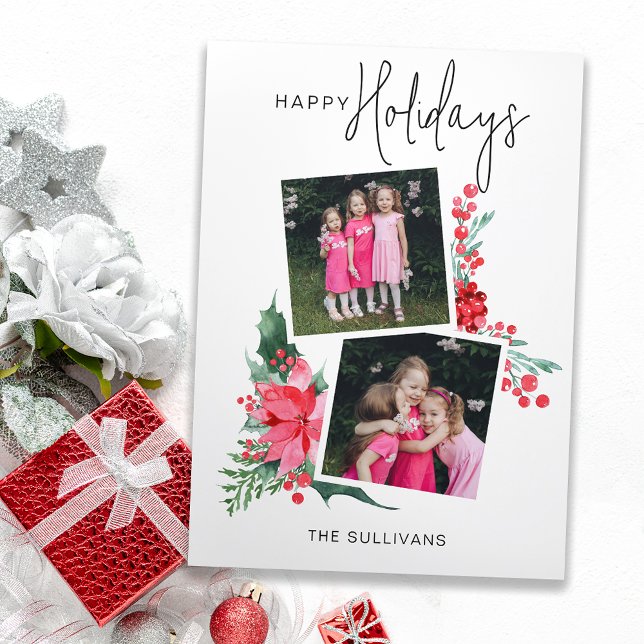 Pretty Pink Poinsettia & Holly 2-Photo  Holiday Card (Creator Uploaded)