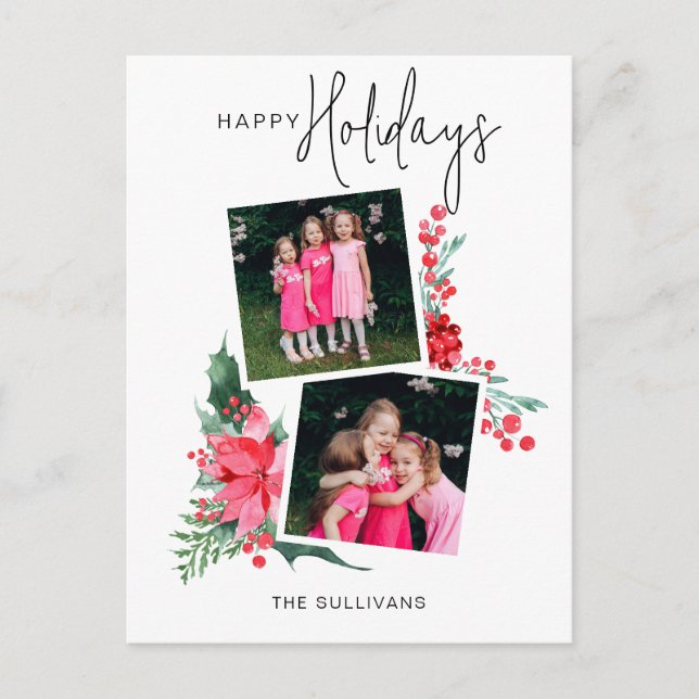 Pretty Pink Poinsettia & Holly 2-Photo  Holiday Postcard (Front)