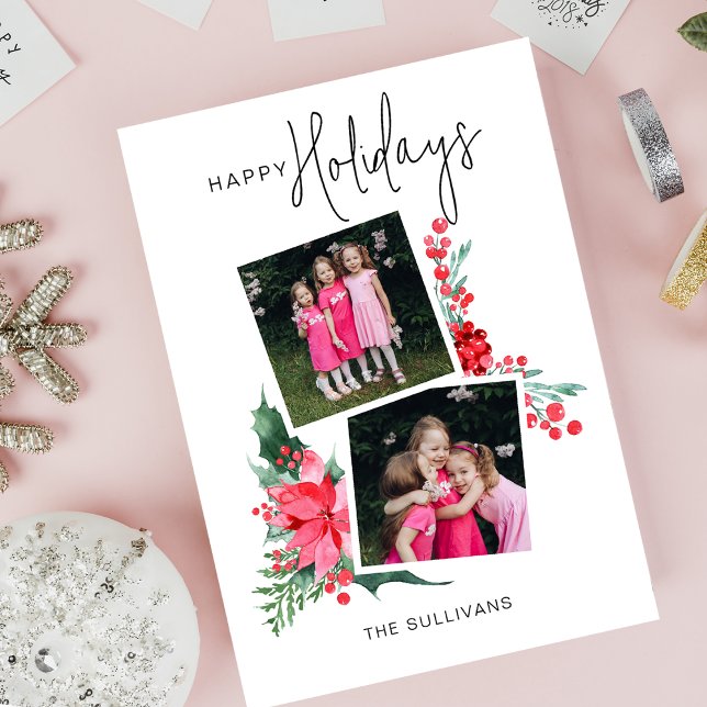 Pretty Pink Poinsettia & Holly 2-Photo  Tri-Fold Card (Creator Uploaded)