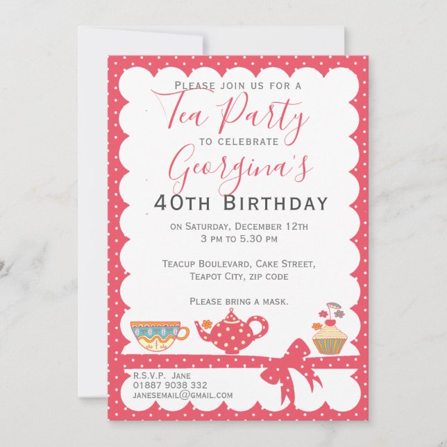 Pretty Pink Polka Dot Birthday Tea Party  Invitation (Front)