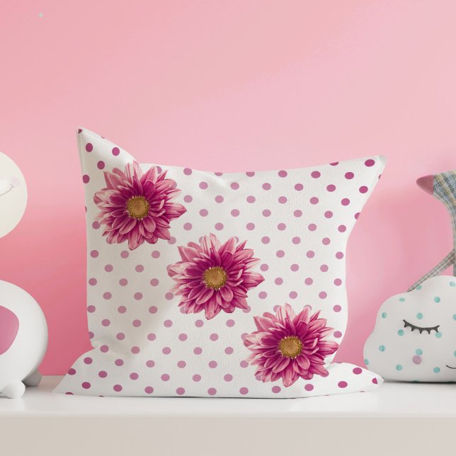 Pretty Pink Polka Dot Mums Throw Pillow (Creator Uploaded)
