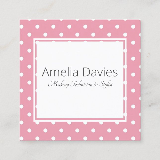 Pretty Pink Polka Dot Square Business Card (Front)