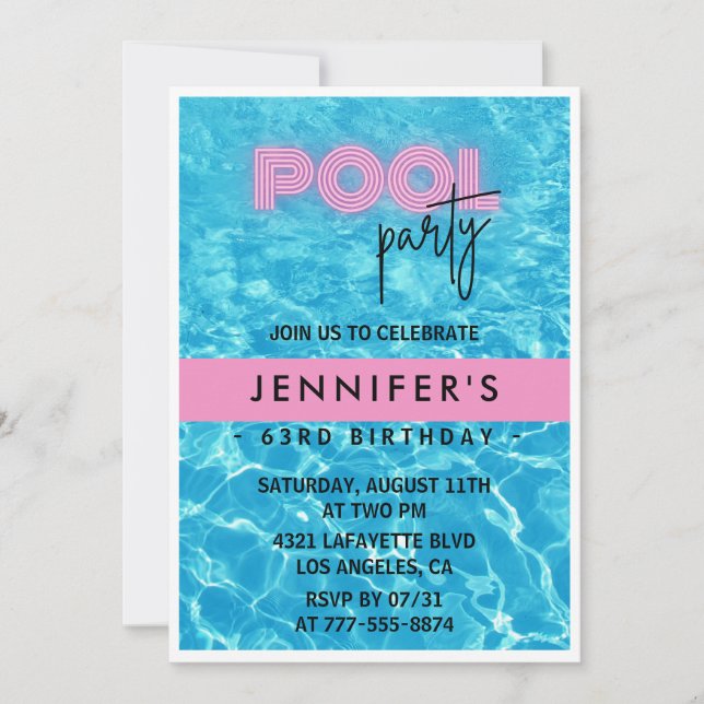 Pretty Pink Pool Party 63rd birthday invitations (Front)