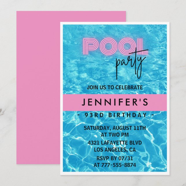 Pretty Pink Pool Party 93rd birthday invitations (Front/Back)