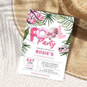 Pretty Pink Pool Party Girl Birthday  Invitation