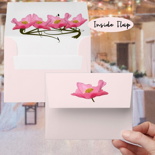Pretty Pink Poppy Photograph Envelope (Floral design featured inside & outside flap. Select a printed background color for the envelope.)