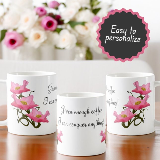 Pretty Pink Poppy Side Border Personalized Text Coffee Mug (mug design as seen from right of the handle, opposite the handle and left of the handle)