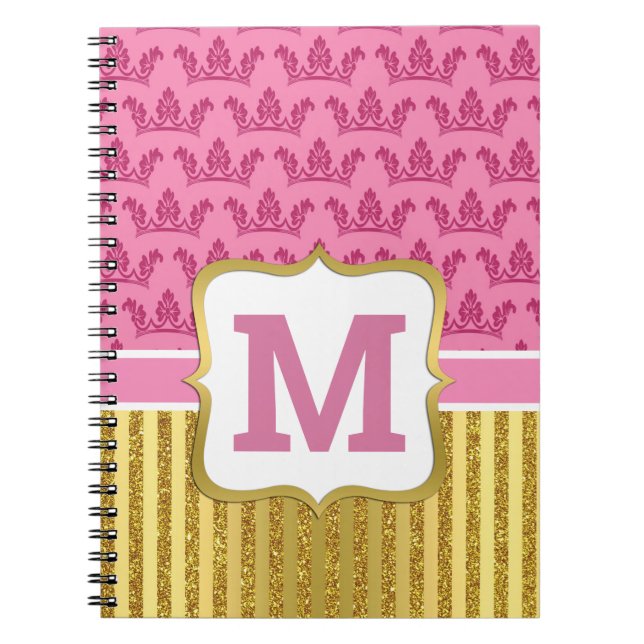 Pretty Pink Princess Crowns & Gold Glitter Stripes Notebook (Front)