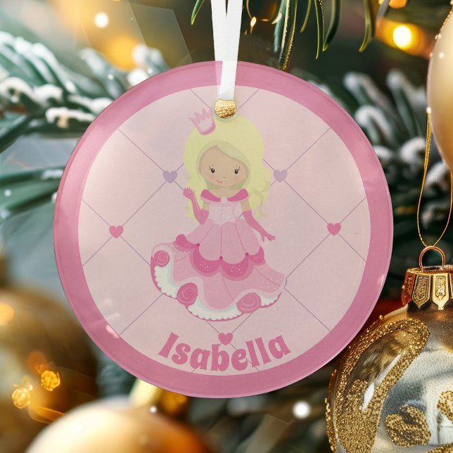 Pretty Pink Princess Custom Blonde Girl Christmas Glass Ornament (Creator Uploaded)