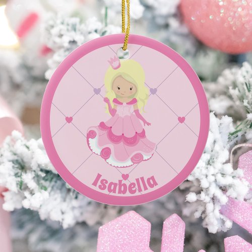 Pretty Pink Princess Custom Kids Christmas Ceramic Ornament