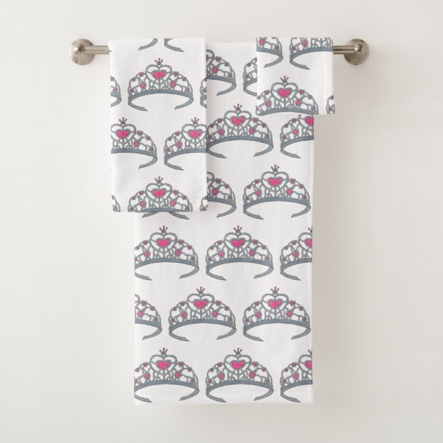 Pretty Pink Princess Party Silver Tiara Crown Bath Towel Set (Insitu)
