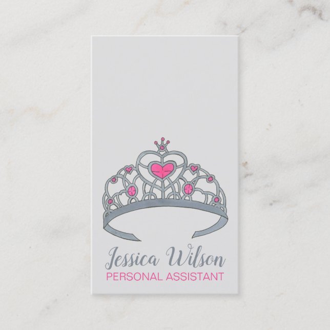Pretty Pink Princess Party Silver Tiara Crown Business Card (Front)