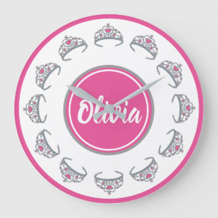 Pretty Pink Princess Party Silver Tiara Crown Large Clock