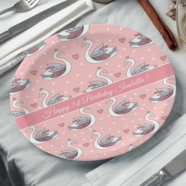Pretty Pink Princess Swans Baby Girl 1st Birthday Paper Plates (1st birthday party idea: baby girl swan princess paper plates in blush pink)