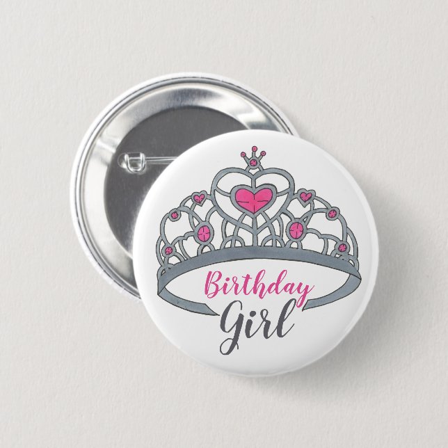 Pretty Pink Princess Tiara Birthday Party Girl Button (Front & Back)