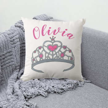 Pretty Pink Princess Tiara Crown Personalized Throw Pillow by rebeccaheartsny at Zazzle