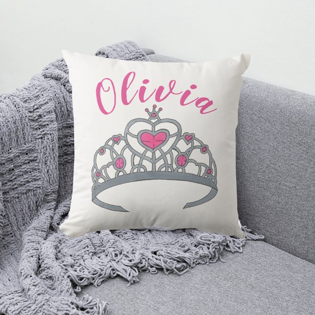Pretty Pink Princess Tiara Crown Personalized Throw Pillow (Tiara Pillow)