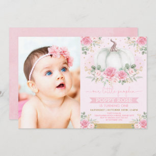 Pretty Pink Pumpkin Fall Floral Greenery Birthday Invitation