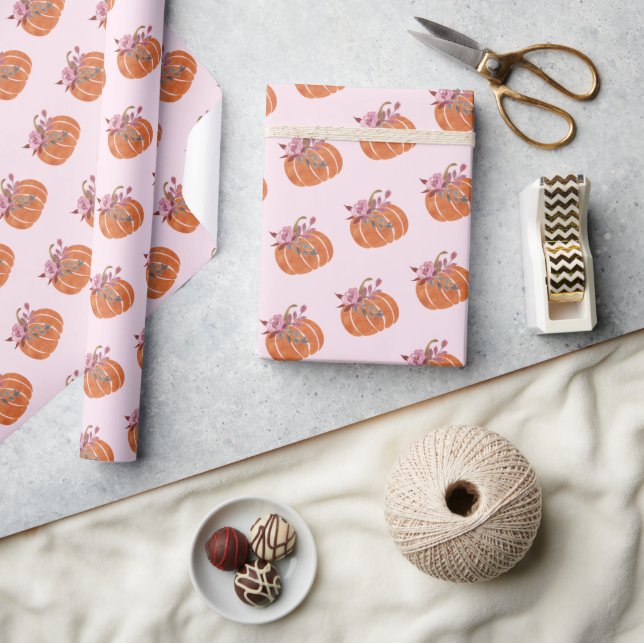 Pretty Pink Pumpkin Floral Girly Birthday Wrapping Paper (Crafts)
